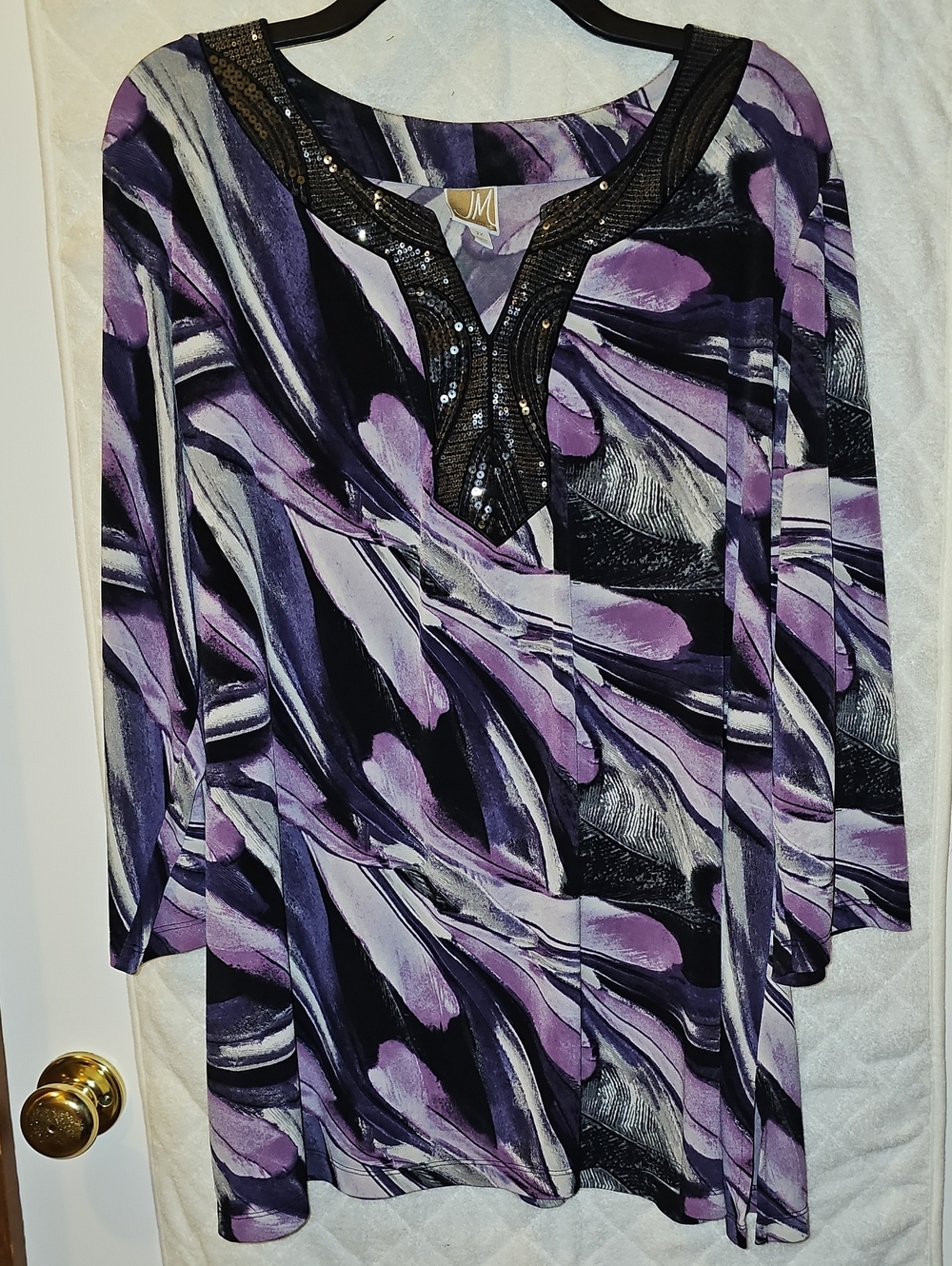 JM Collection 2x Purple & Black Abstract Sequin-Trim V-neck 3/4 Sleeve Tunic Top